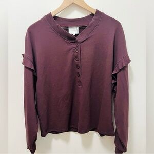ANTHROPOLOGIE Sundays Plum Purple Ruffle Shoulder Button Neck Sweatshirt Sweater